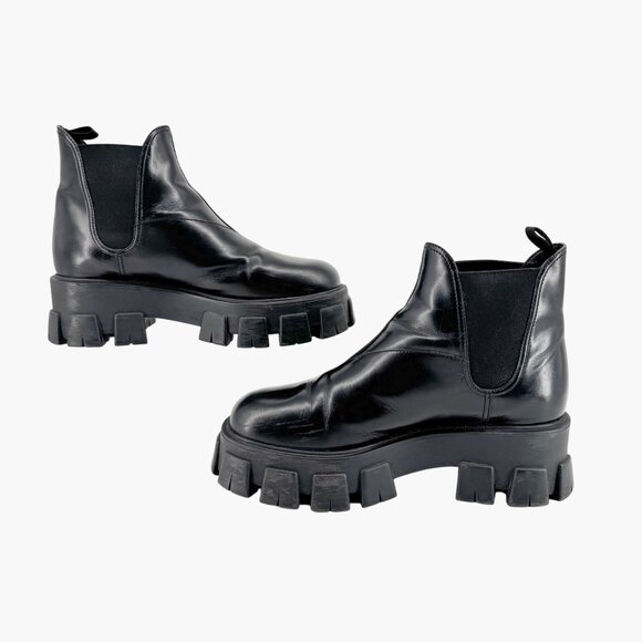 Prada Monolith Chelsea Ankle Boots Size 41 US 11 Black Leather Lug Sole Combat - Picture 9 of 15